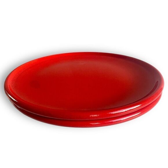 Vintage Bright Red Speckled Glaze 10” Stoneware Couple Dinner Plates - Picture 7 of 16